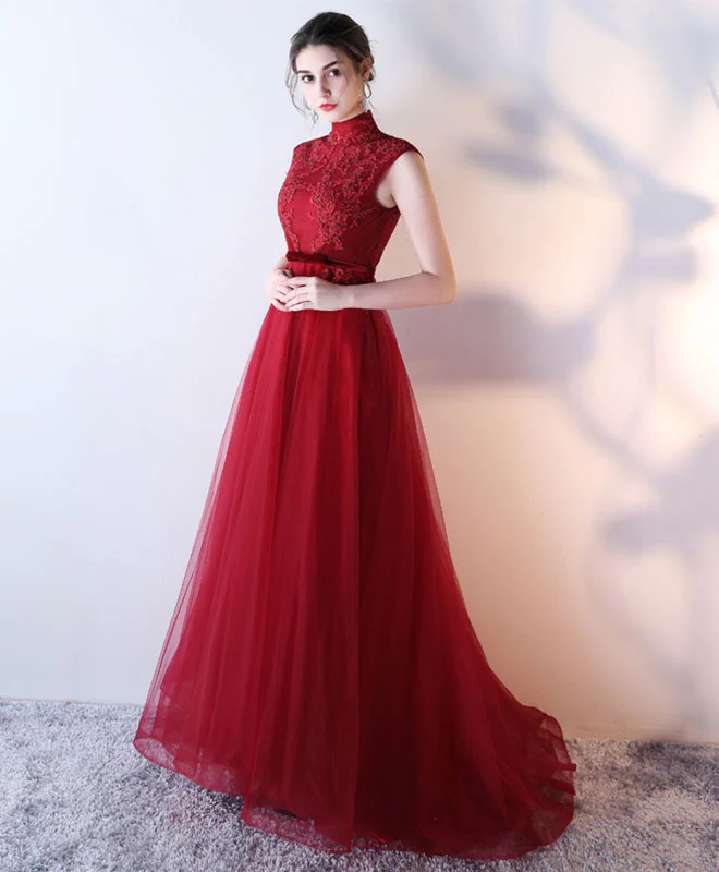 High Neck Burgundy Lace Tulle Long Open Back Prom Dresses