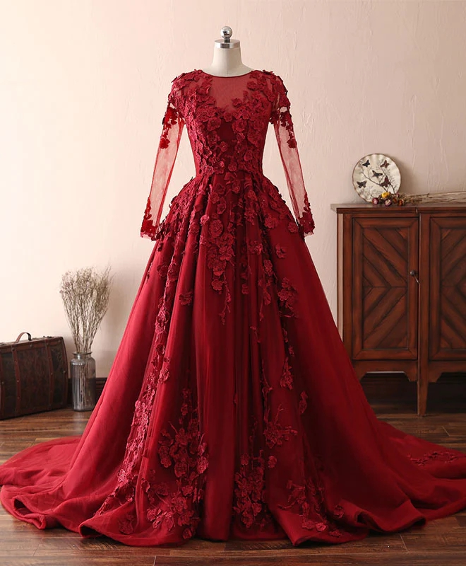 Round Neck Burgundy Lace Satin Long Sleeves Prom Dresses