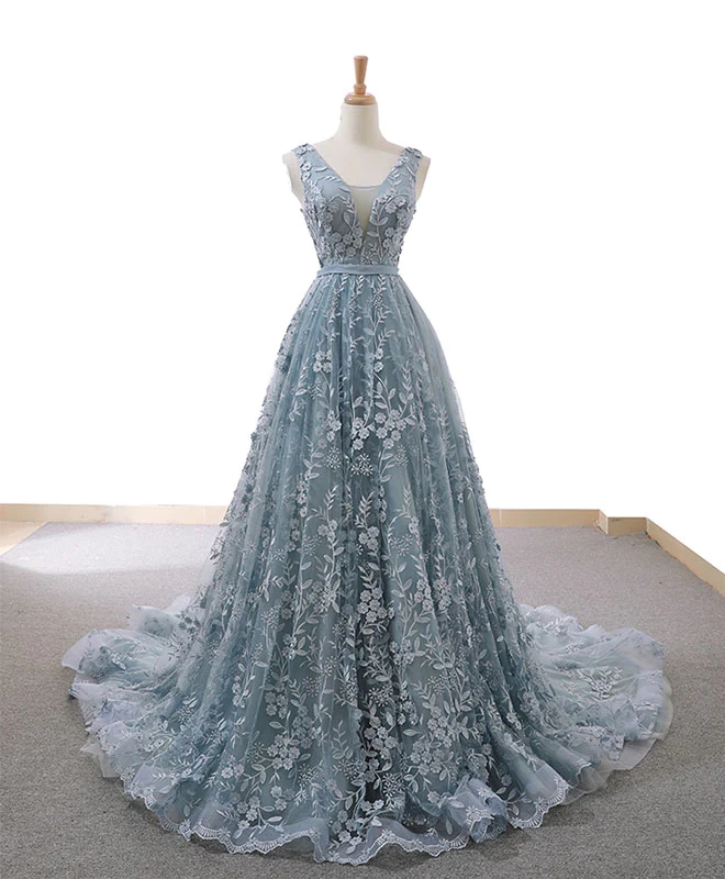 Mermaid Gray Blue V Neck Tulle Lace Prom Dresses