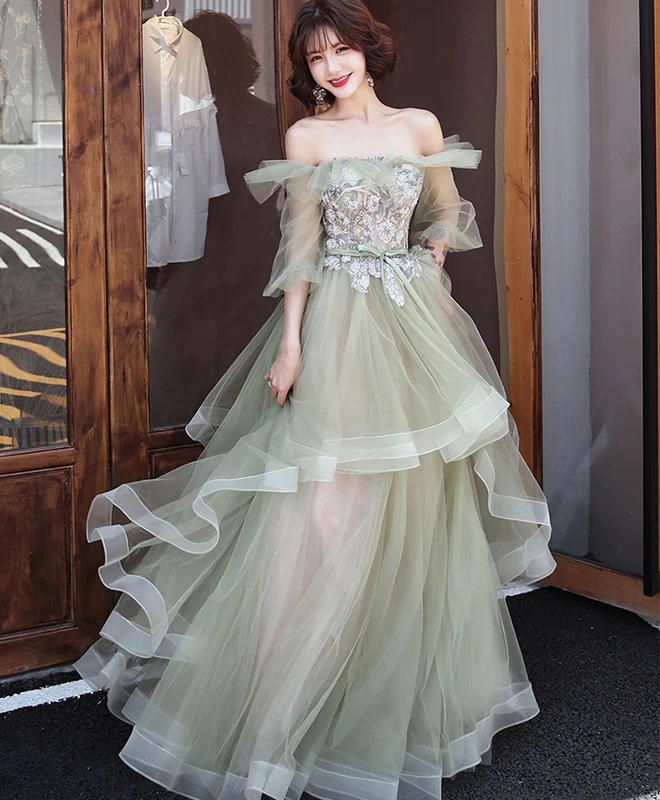 Pretty Off Shoulder Green Tulle Long Prom Dress With Lace