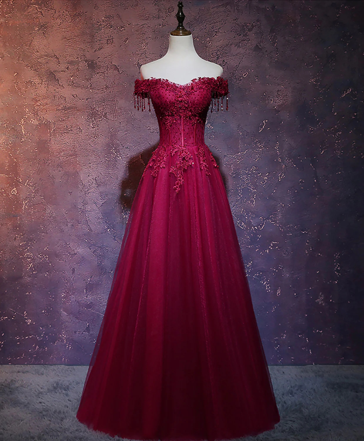 Off Shoulder Long Burgundy Tulle Lace Evening Dress