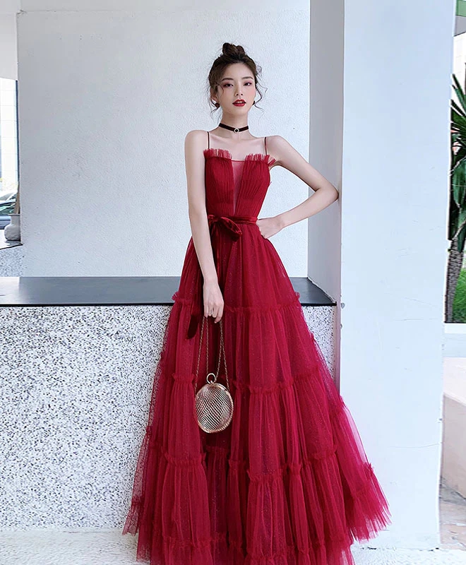 Straps Burgundy A-line Tulle Prom Dresses