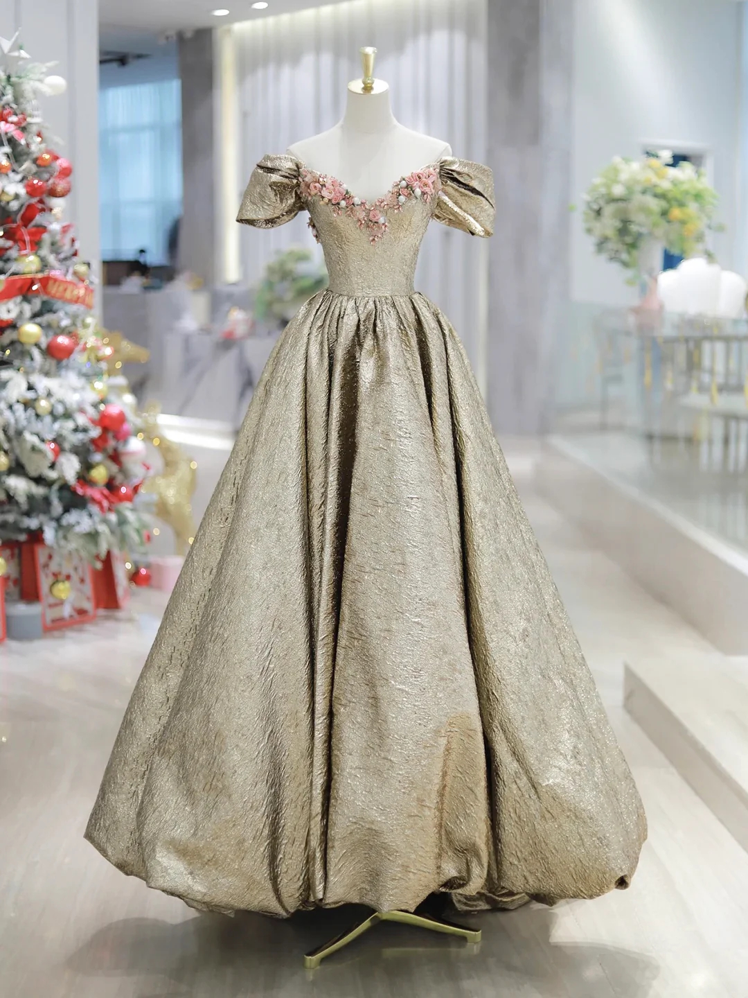 Vintage Satin Off Shoulder V-neck Long Prom Dress With Flowers