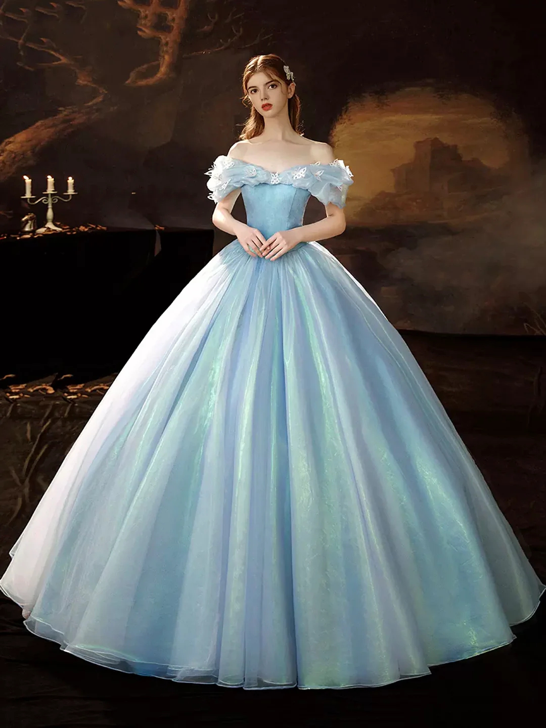 Princess Off The Shoulder Organza Butterfly Blue Formal Prom Dresses