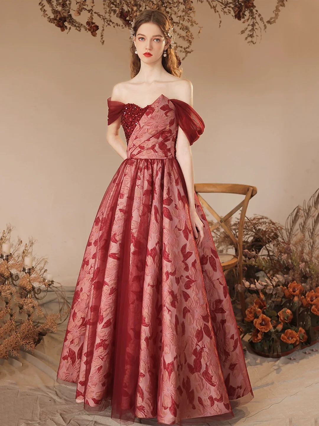 A Line Burgundy Printing Floor Length Prom Dress With Beading