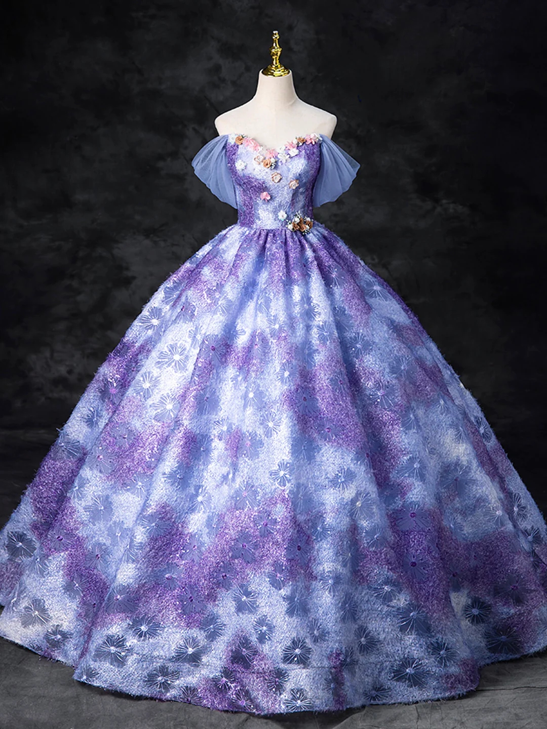 Dreamy Colorful Off The Shoulder A-line Princess Purple/blue Prom Dress With Flowers