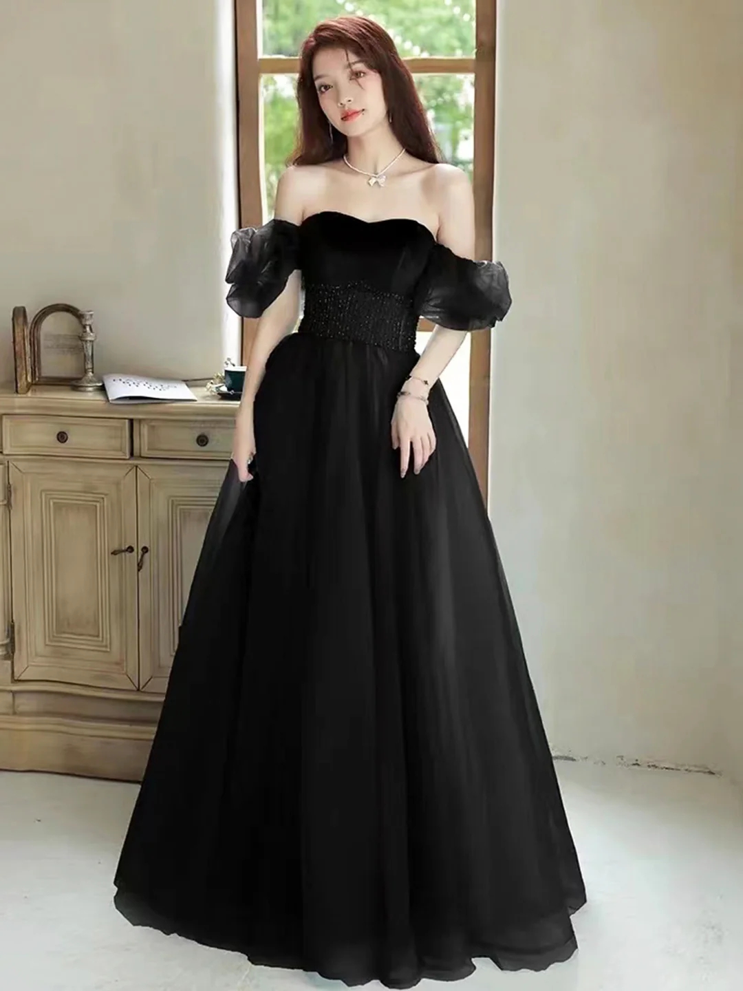 Beautiful Off The Shoulder Black Tulle Long Prom Dress