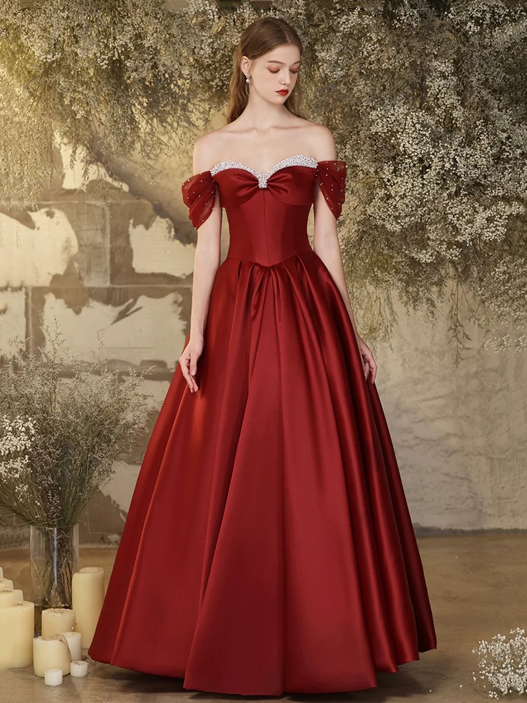 Off The Shoulder Burgundy Satin Floor Length Prom Dresses With Beaded