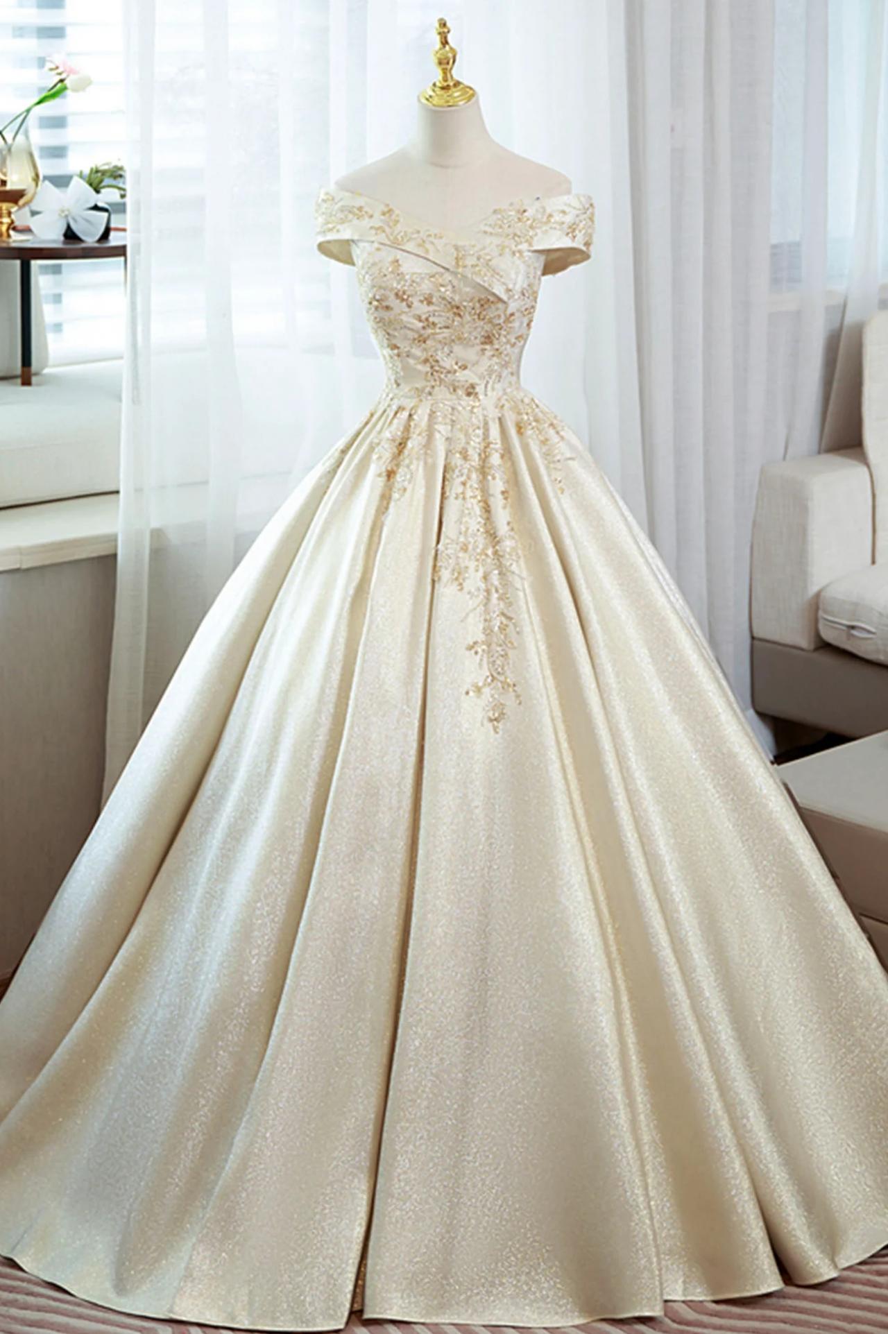 Off Shoulder Champagne Satin Long Prom Dress With Beaded