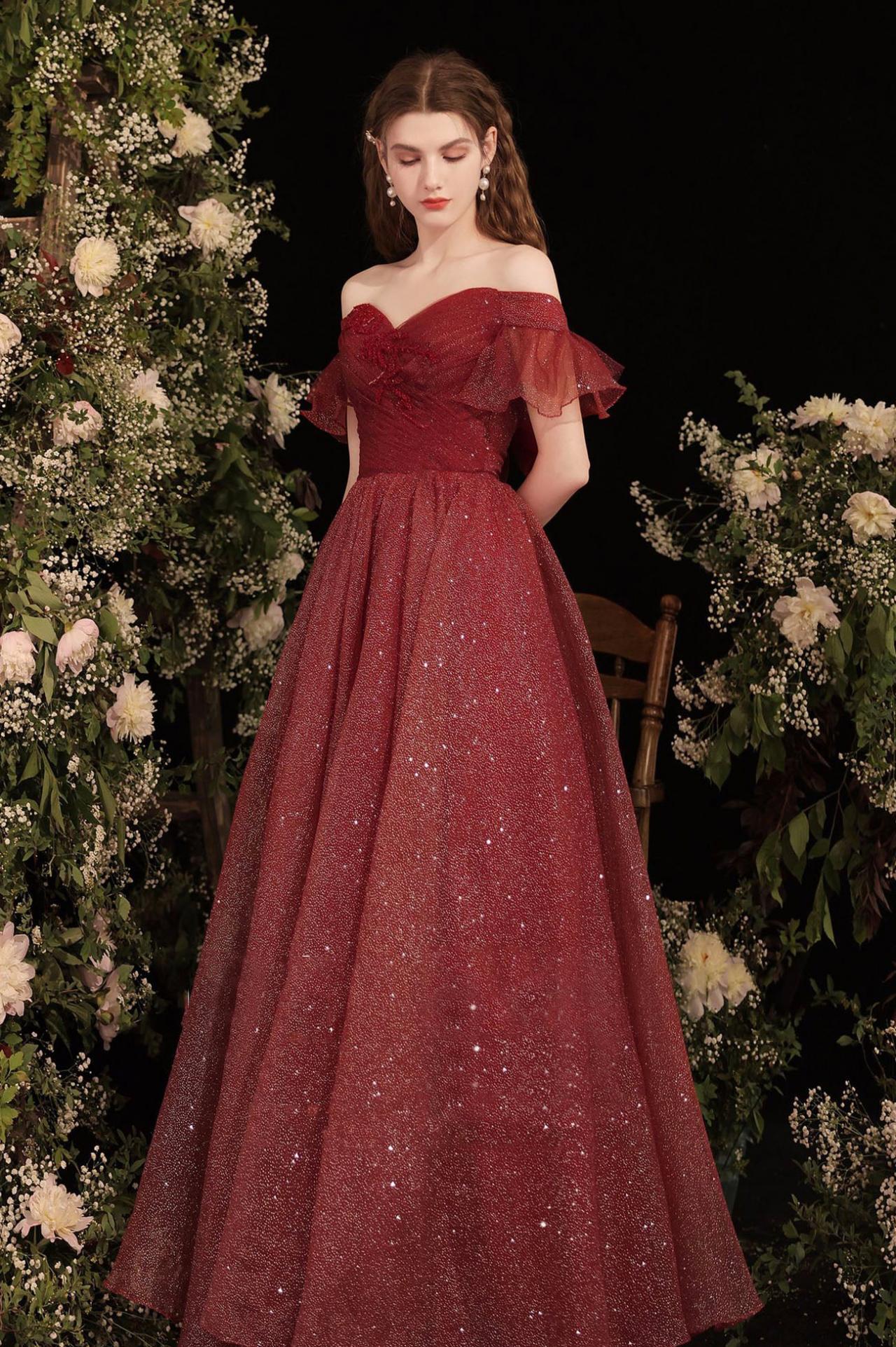 A Line Burgundy Shiny Tulle Long Prom Dresses on Luulla