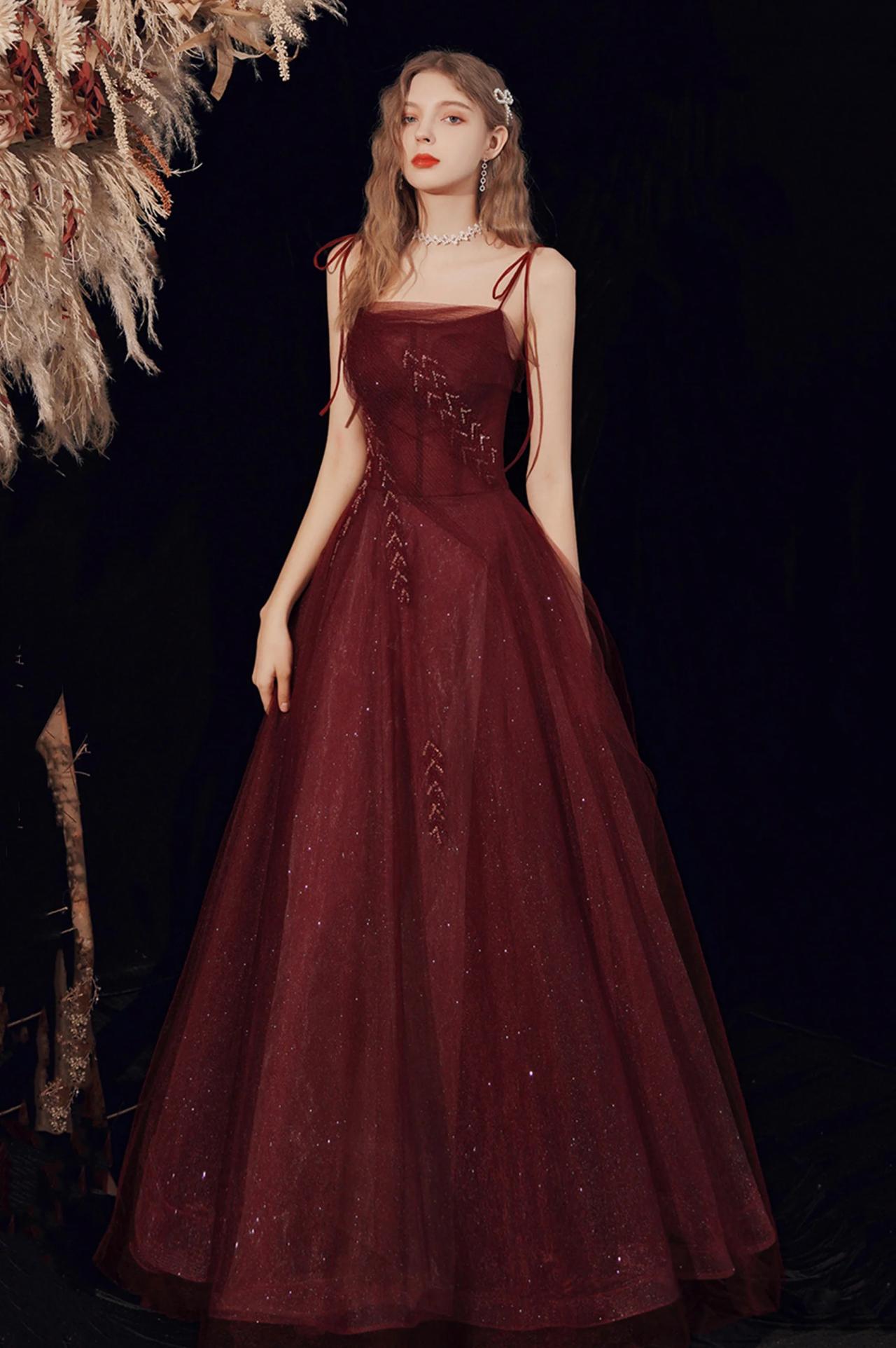 Straps Burgundy A-line Shiny Tulle Long Prom Dress With Beading