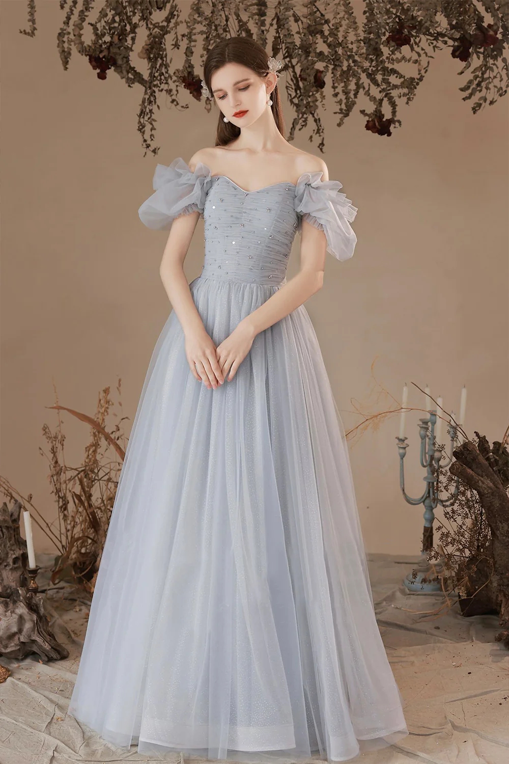 Off-Shoulder Tulle Gown with 3D Floral Appliques Dusty Sage main image 1