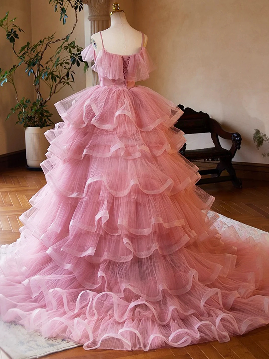 Vibrant Strapless Ruched Tiered Ruffle Satin Ball Gown With Slit