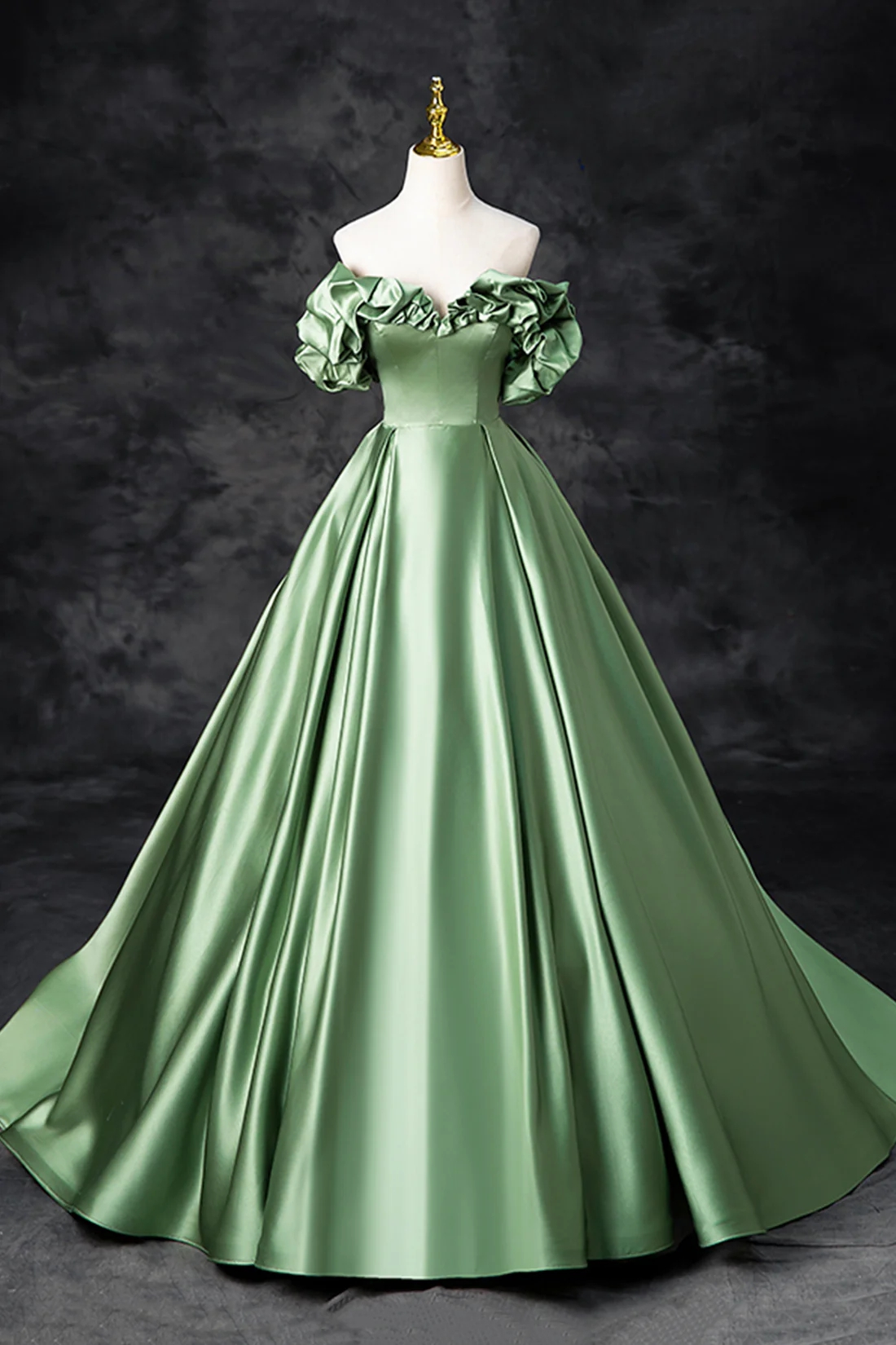 One Shoulder A-line Long Satin Dresses Dark Green