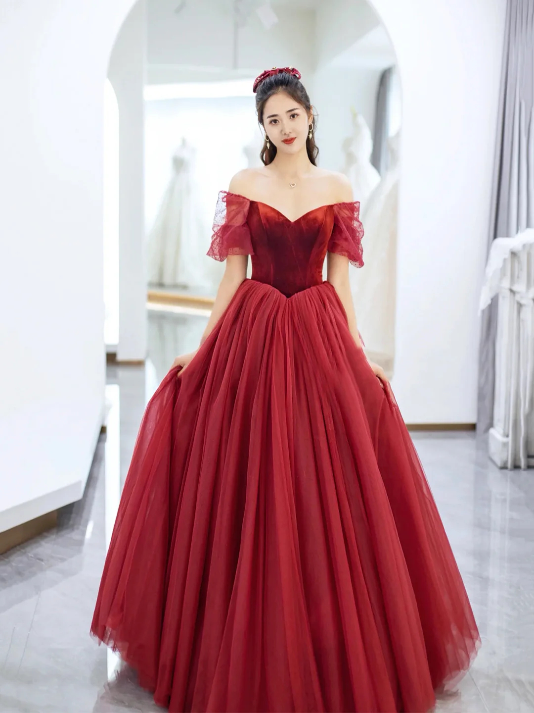 green emerald velvet dress Drop Shoulder Sleeves Front High Split Evening Dress main image 1