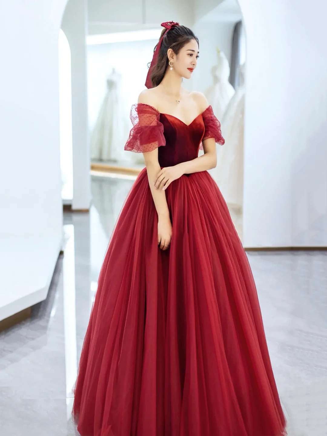 Sexy Ball Gown Off The Shoulder Red Tulle Long Prom Dresses Evening Dress C3267