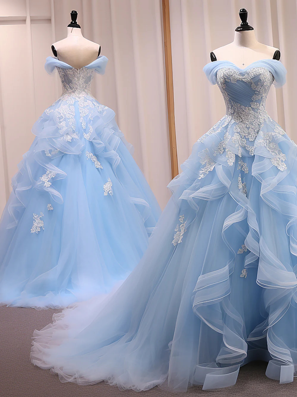 Sky Blue Tulle Floral-Embellished Ball Gown – Romantic & Whimsical Evening Party Dress main image 1