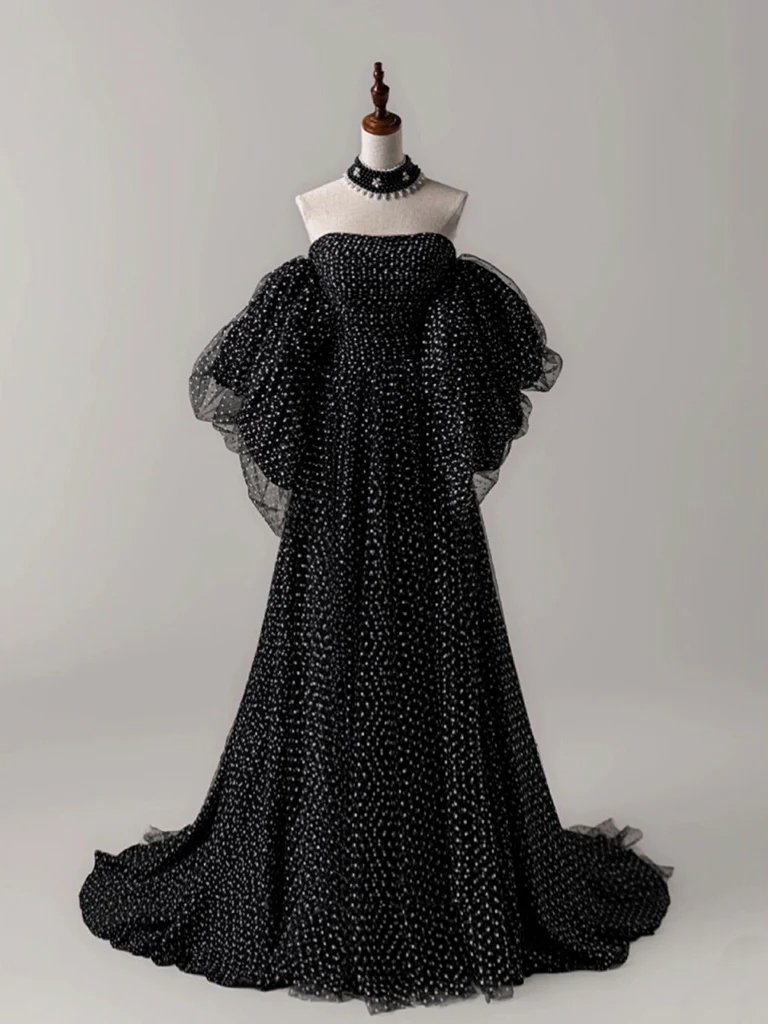 Black Polka Dot Off-shoulder Gown With Voluminous Sleeves on Luulla