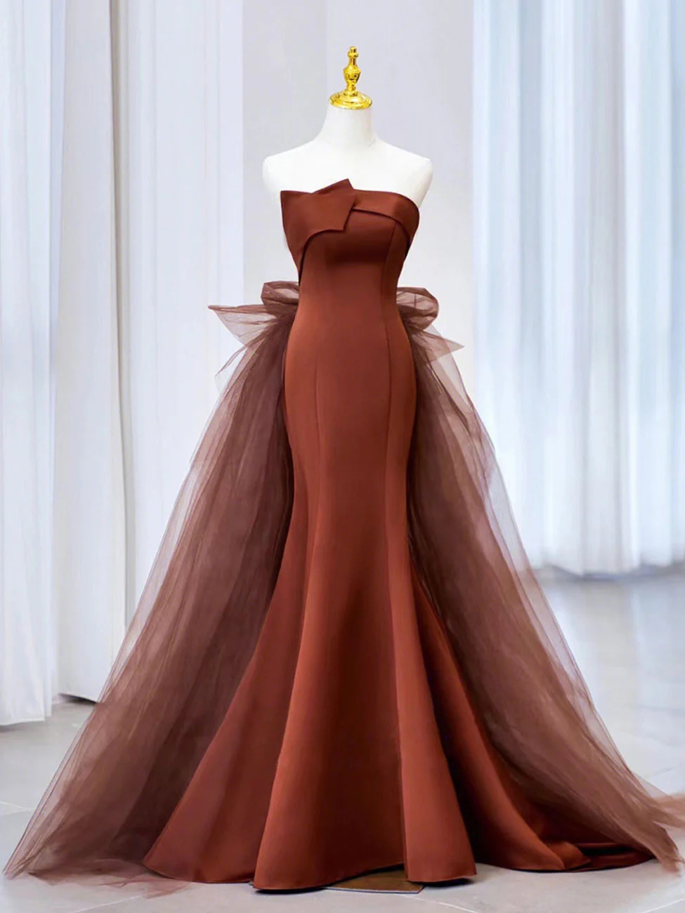 green emerald velvet dress Brown Satin Long A-Line Prom Dress, Off the Shoulder Evening Party Dre main image 1