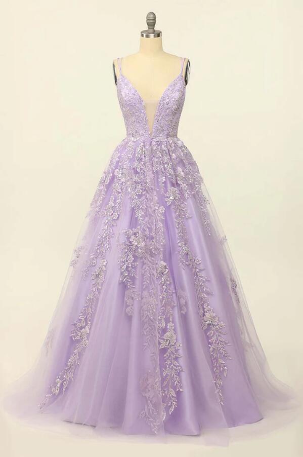 Lilac Princess Lace Long Prom Dresses With Sequin on Luulla
