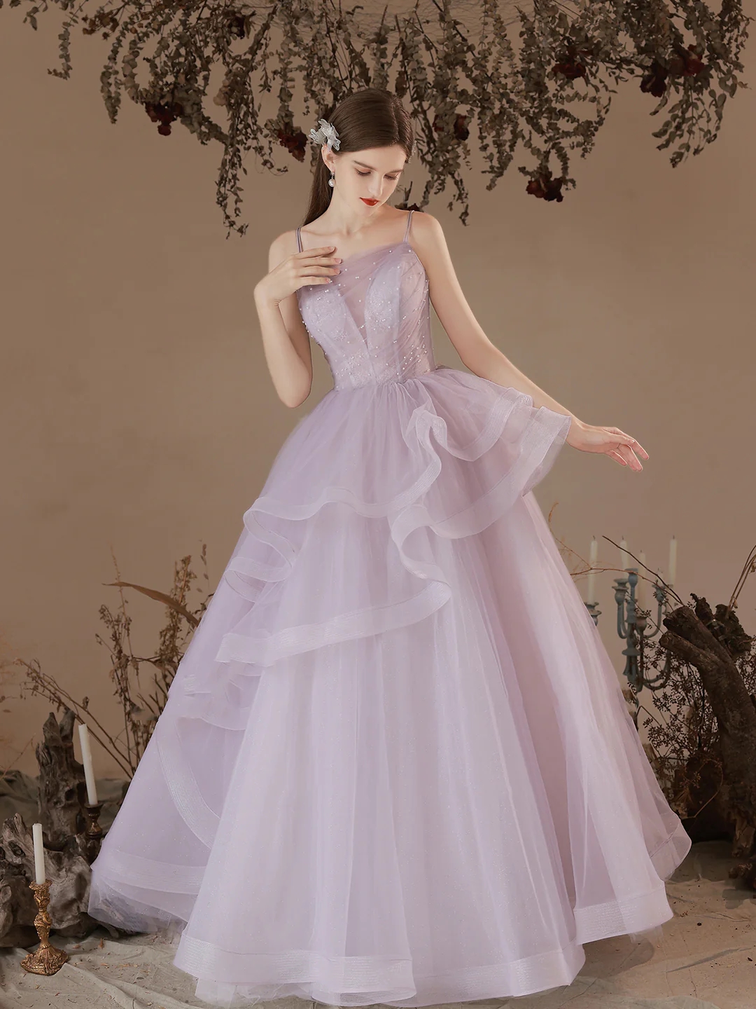 Lavender Mist Layered Tulle Evening Gown With Beaded Bodice on Luulla