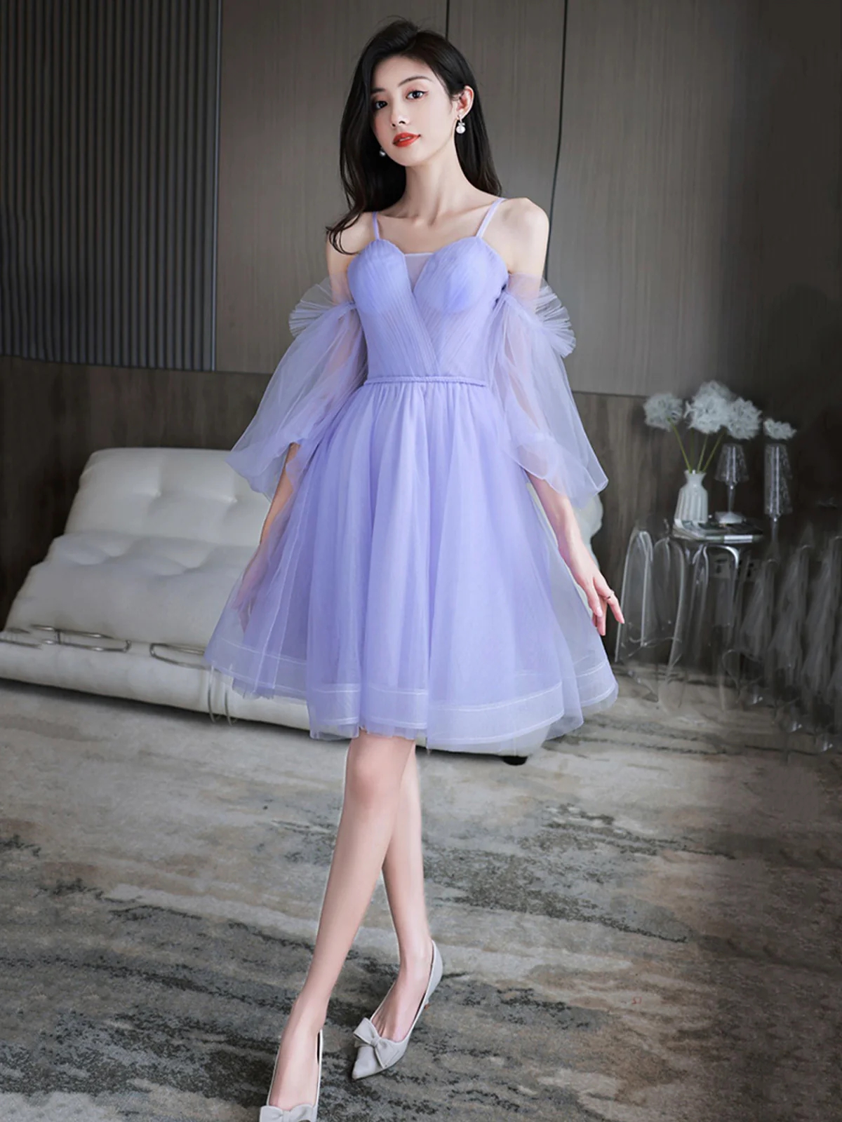 lavender short formal dresses Formal Dresses Lavender Colour Tea-Length Short Sleeves Ruffles A-Line main image 1