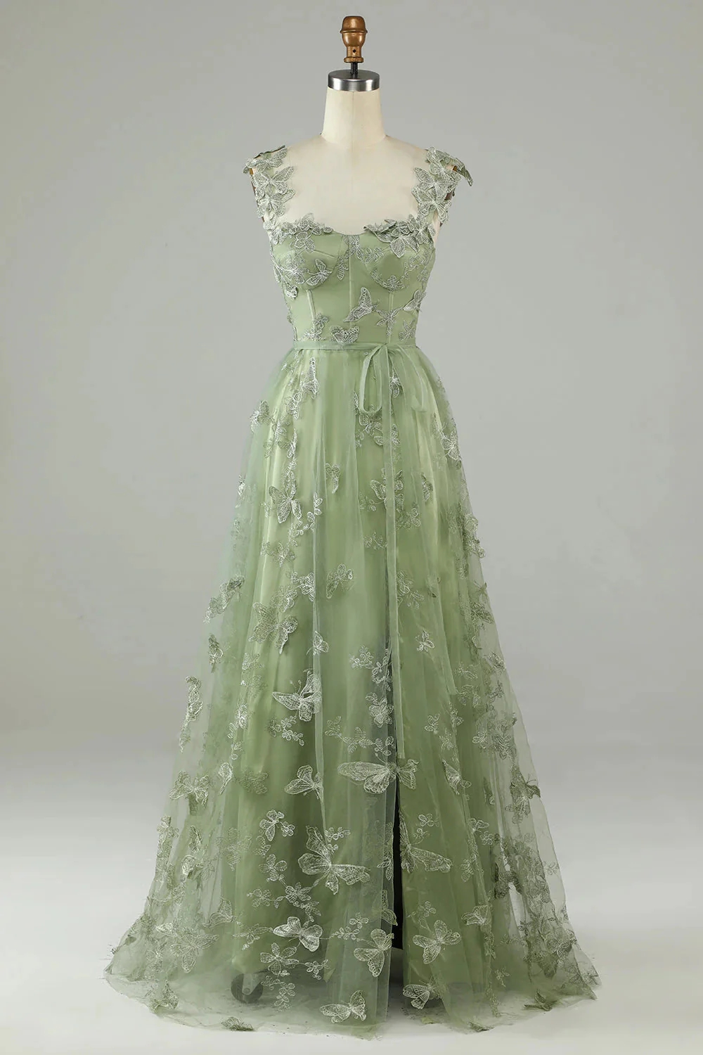 sage green long prom dress Sage Green Satin A-line Long Prom Dress with Bubble Short Sleeves main image 1