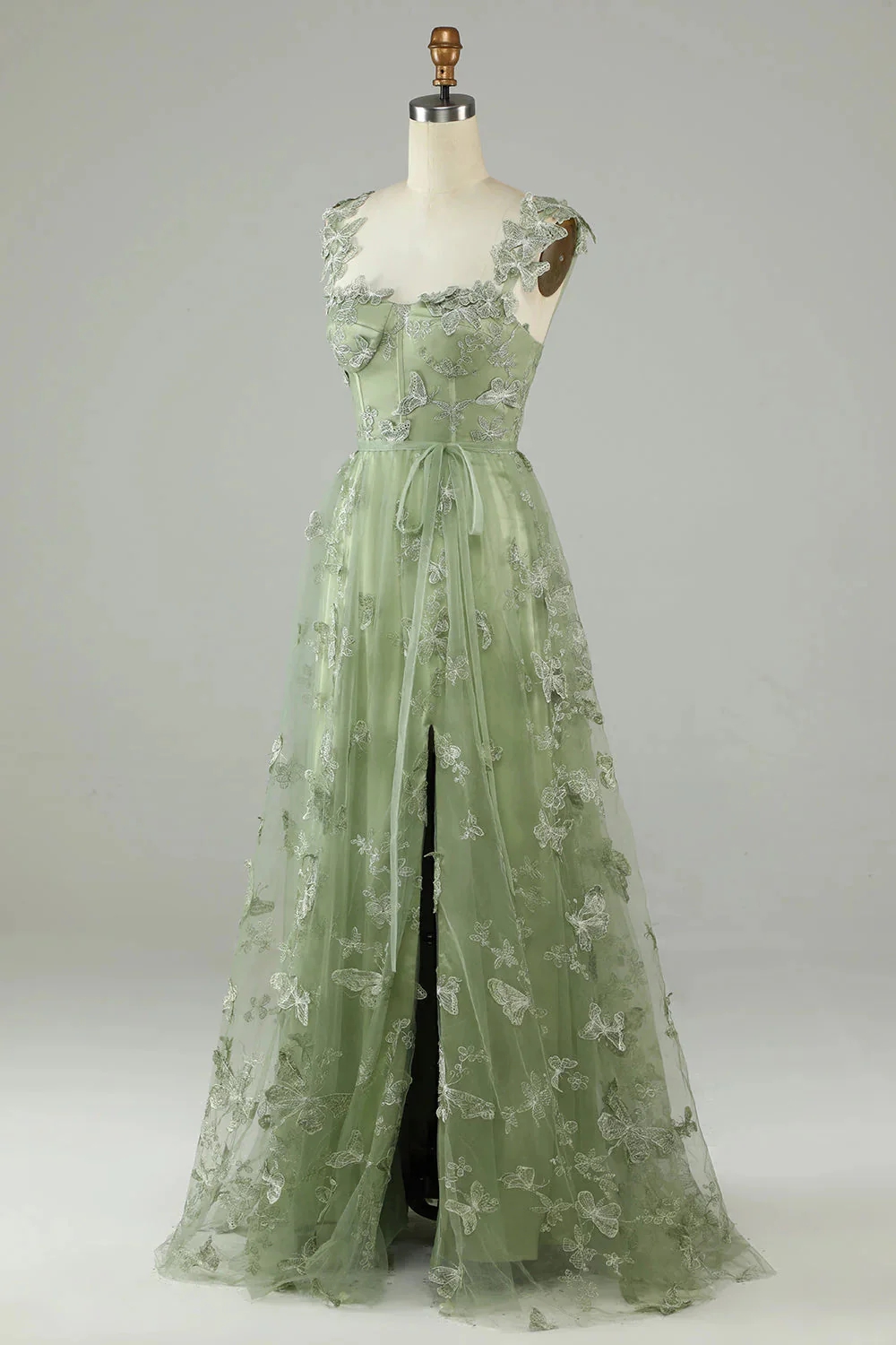 green emerald velvet dress Zapakasa Women Sage Green Keyhole Long Corset Prom Dress with Slit Satin A  Line Formal Dress with Side Cape main image 0