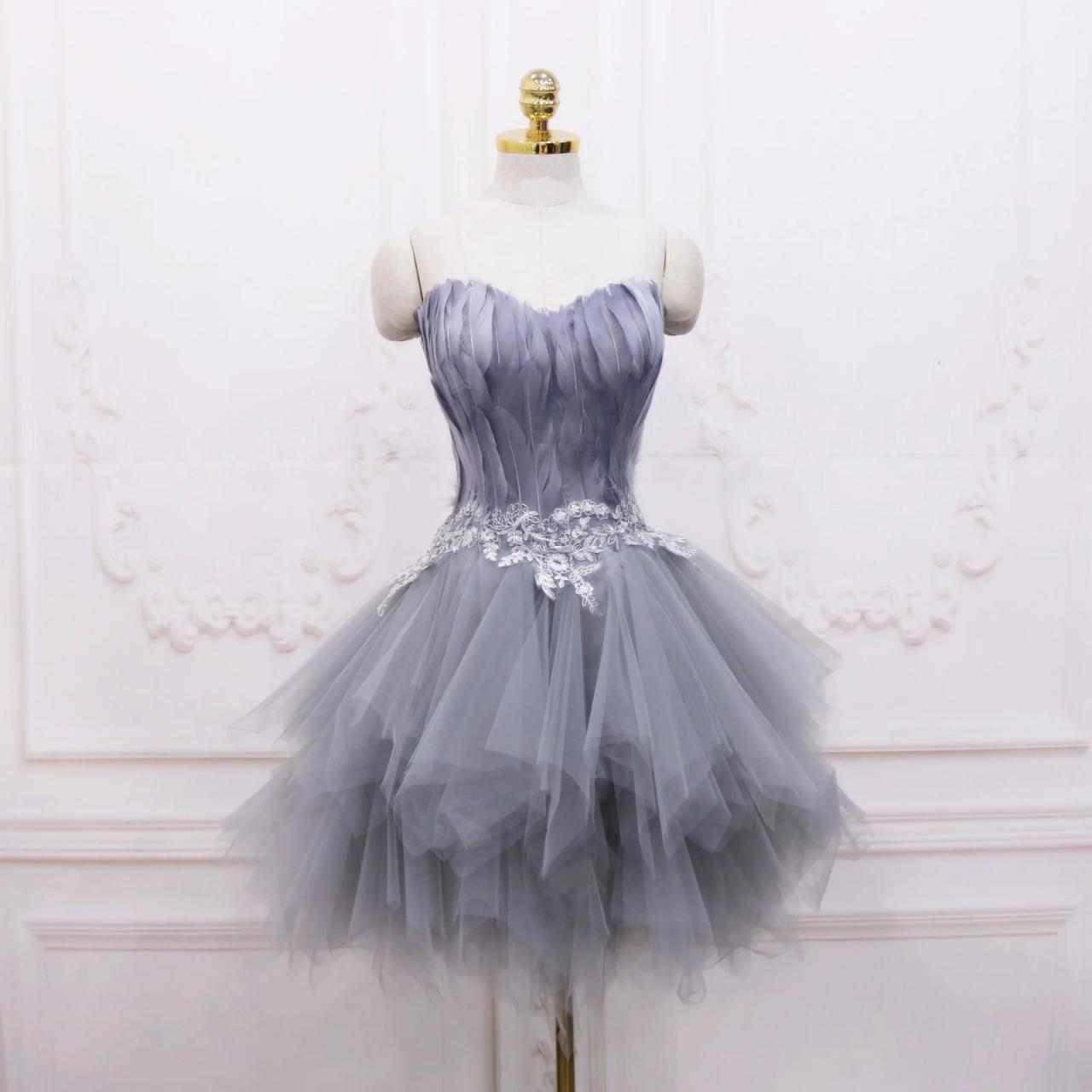 Light Grey Feather Short Homecoming Dress Light Grey Feather Short Homecoming Dress