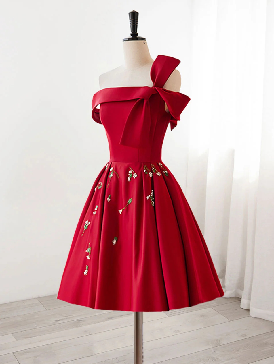 A-Line Satin Burgundy Short Homecoming Dress with Beading
