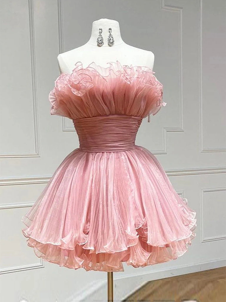 strapless open back dress Blush Pink Long Sequin Formal Dress with Puff Sleeves main image 0