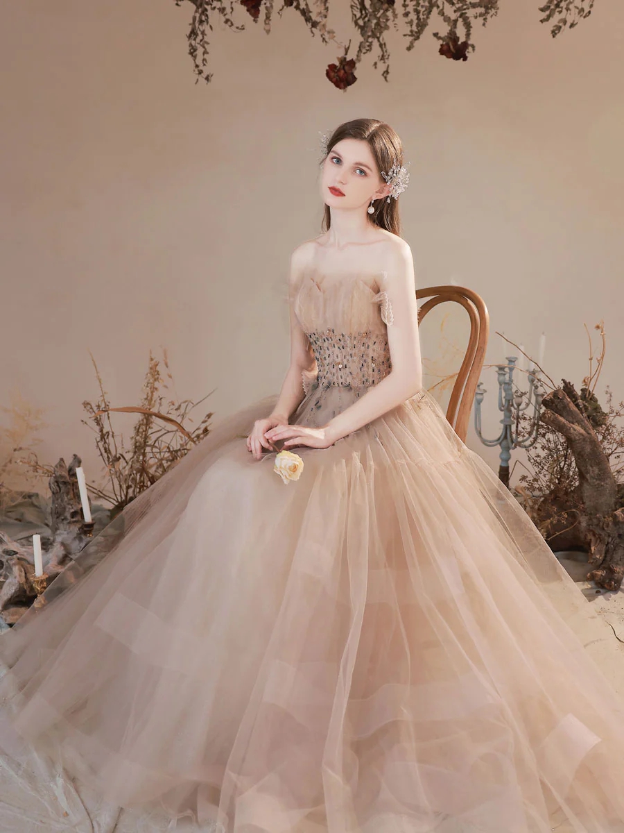 9184 Beige Beaded Tulle Evening Gown