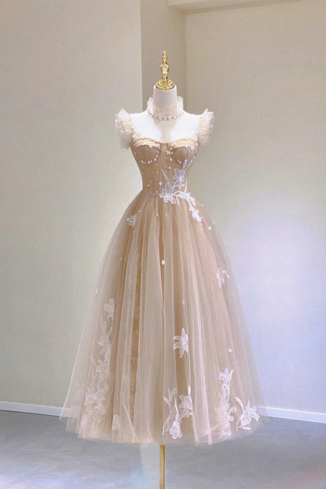 Light Champagne Tulle and Satin Tea Length Party Dress, Light Champagne Homecoming Dress