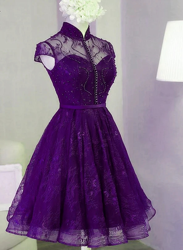 High Neck Purple Lace Knee Length Homecoming Dresses