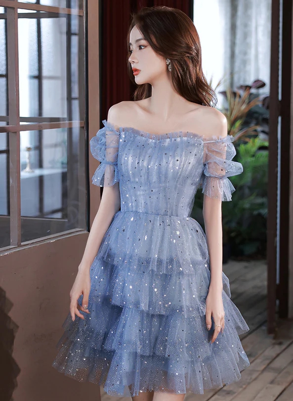 Off Shoulder Blue Short Homecoming Dress Party Dress