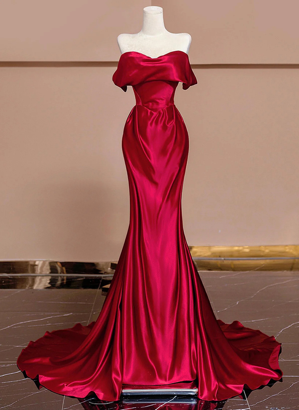 Bold Red Satin Evening Dress With Off shoulder Design on Luulla