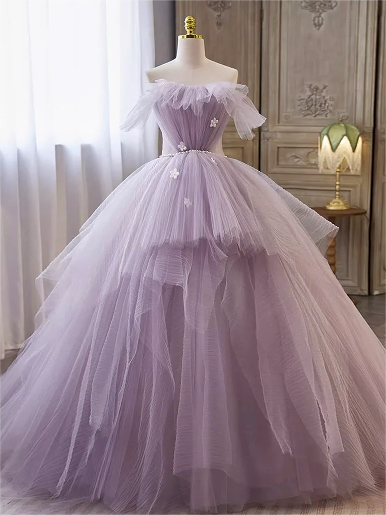fitted lace wedding dress Light Purple Tulle Strapless Layered Long Prom Dresses, Light Purple F –  Lwt Dress main image 0