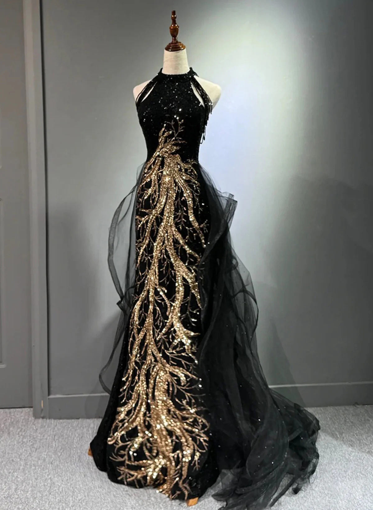 Halter Long Black Party Dress with Gold Lace