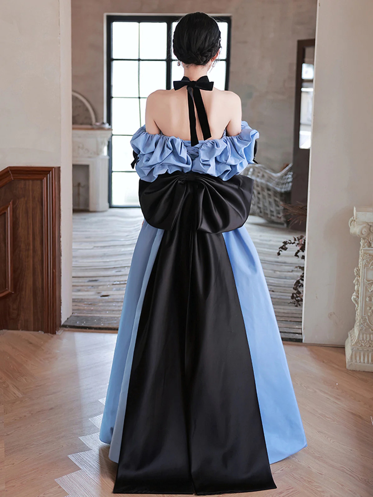 Elegant Off-shoulder Blue Evening Gown With Black Bow Accents on Luulla