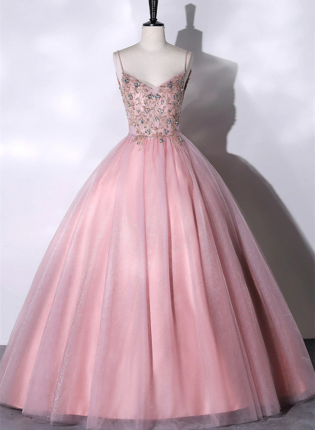 Spaghetti Straps Pink Ball Gown Beaded V-neckline Prom Dress