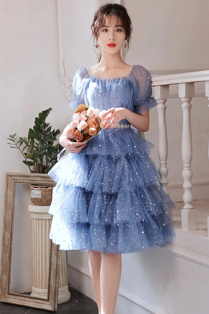 Square Neckline Glitter Knee-length Prom Dresses With Sashes