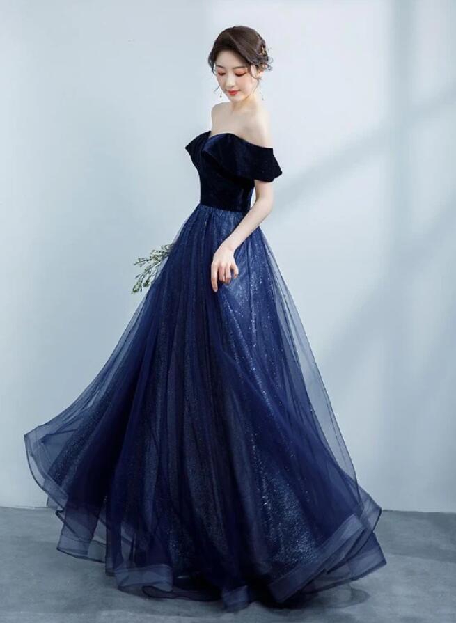 Navy Blue Velvet Tulle And Velvet Dress Off Shoulder Velvet Navy