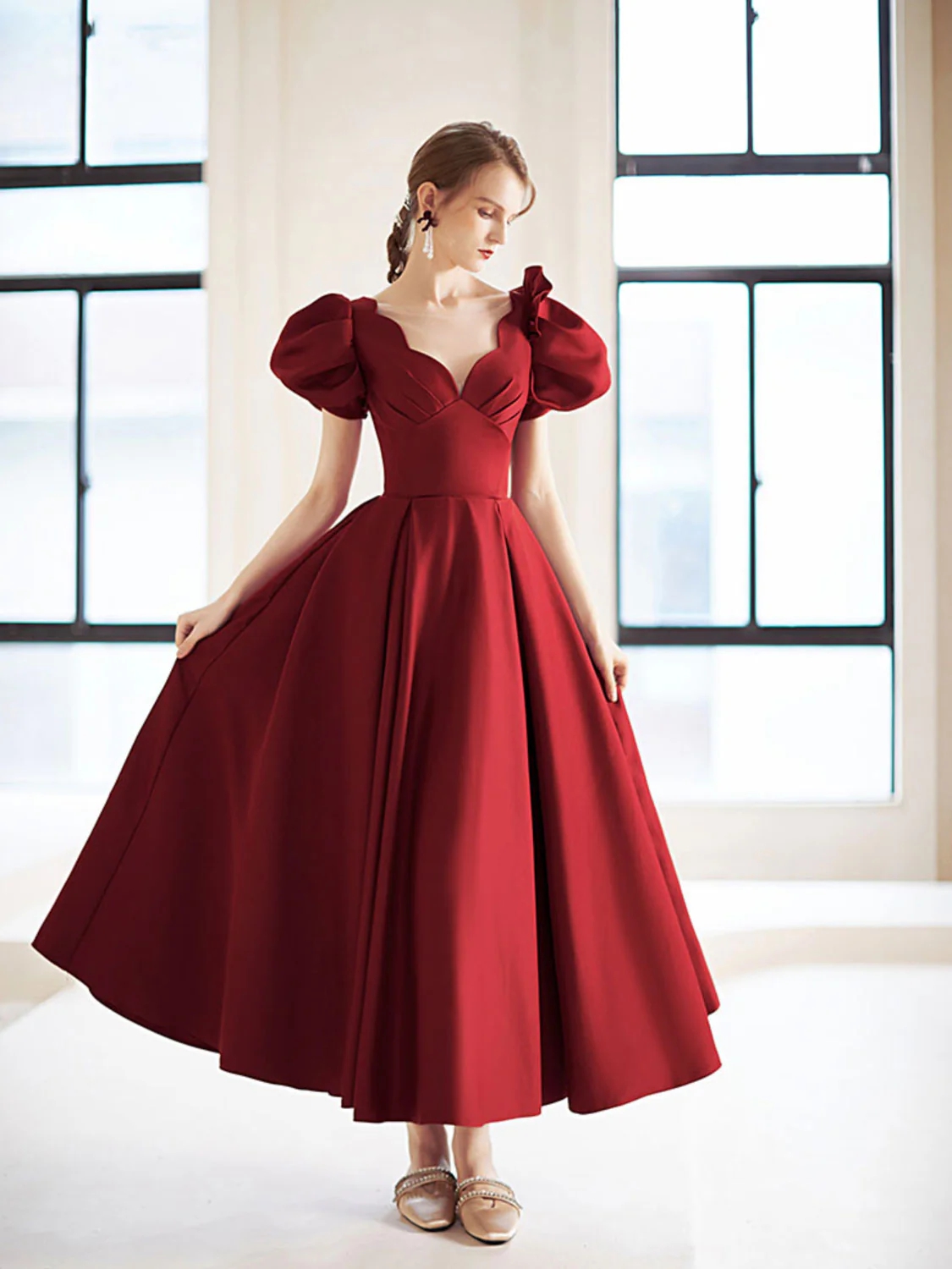 burgundy tea length formal dress Amazing Burgundy Evening Dress Sheath Bateau Neck Tea-Length Zipper Pleated Velour Formal Dinner Dresses