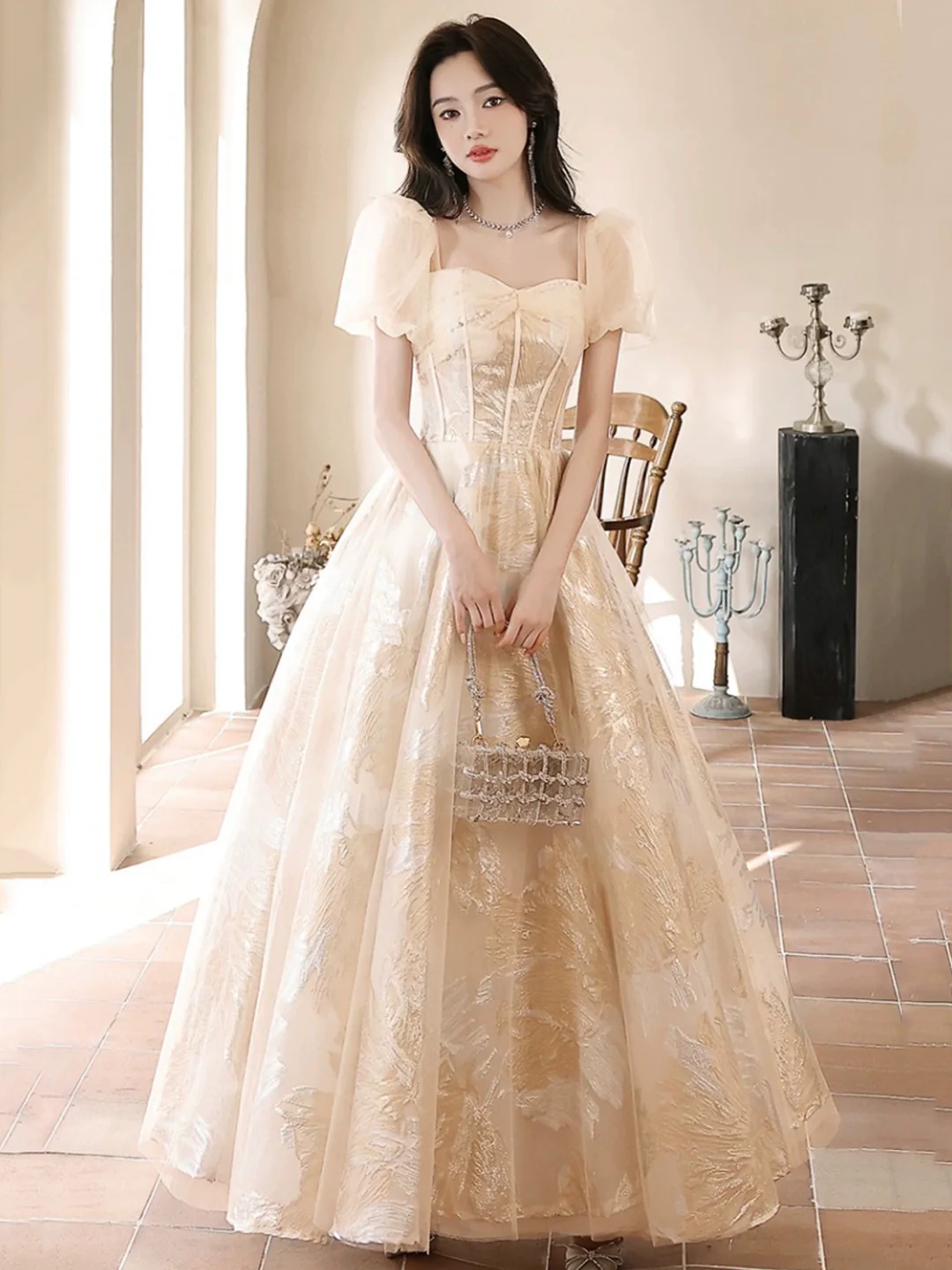 slim fit dress slacks Tiffany Gold Gown Floor Strapless Mermaid Metallic main image 0