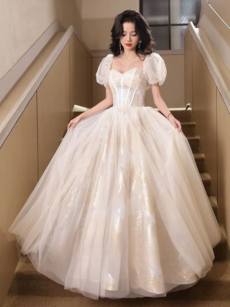 Elegant Corset Wedding Ball Gown with Puff Sleeves