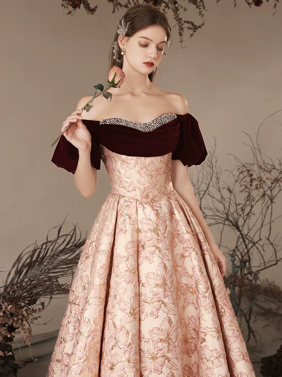 Regal Off-shoulder Velvet And Floral Brocade Gown on Luulla