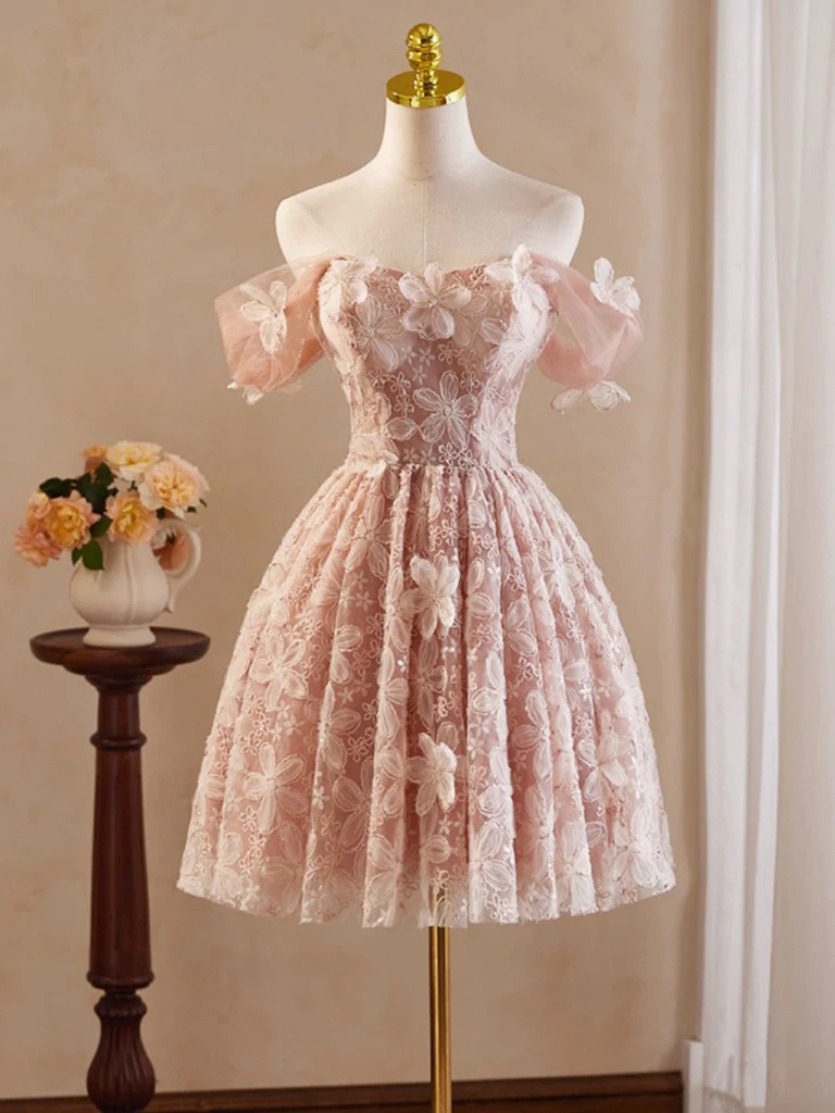 Off-shoulder Pink Lace Dress With Floral Detail Off-shoulder Pink Lace Dress With Floral Detail