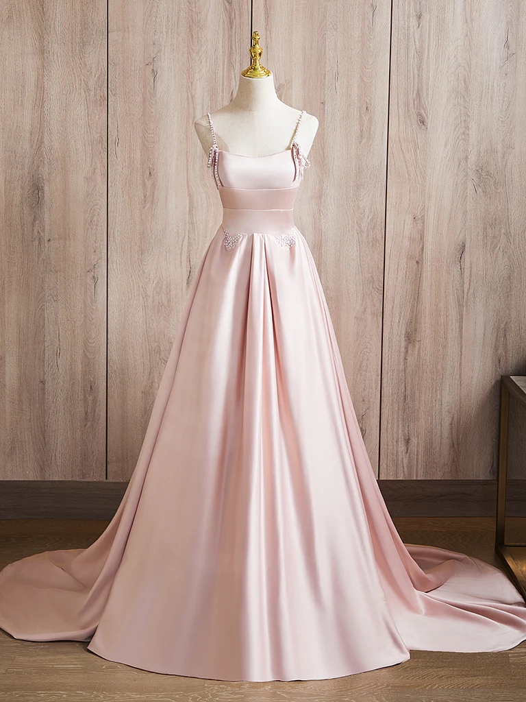 Timeless Satin A-line Dress With Pearly Straps And Train