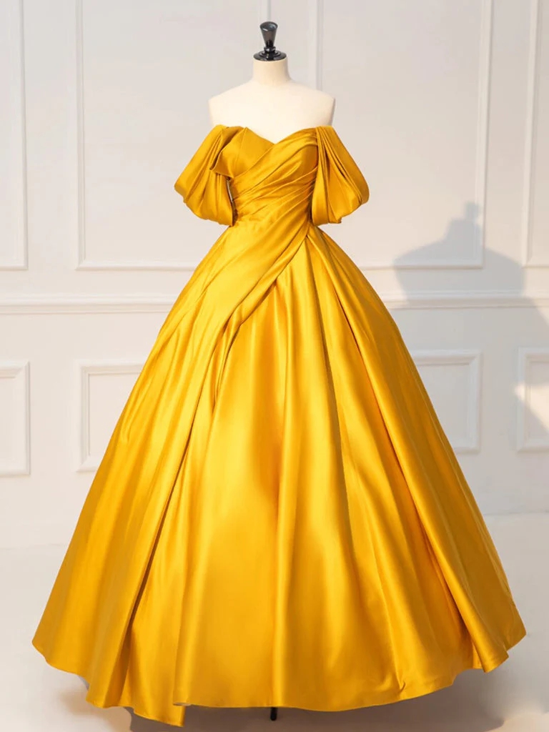 Off Shoulder Satin Yellow A-line Prom Dresses