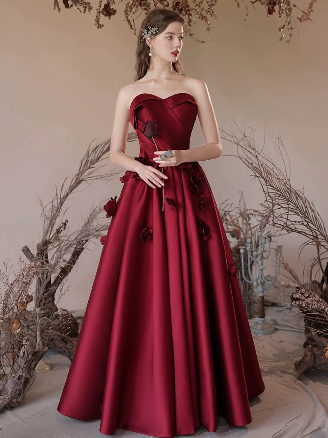 Scarlet Rose Burgundy Strapless Satin Ball Gown